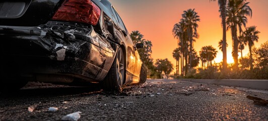 The damaged car under a beautiful sunset with palm trees in the background.