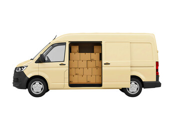 Light yellow delivery van loaded with cardboard boxes isolated on transparent background
