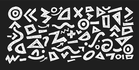 Hand Drawn Grunge Geometric Shapes and Arrows, Abstract Pattern and Background Vector Set