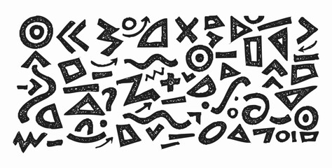 Hand Drawn Grunge Geometric Shapes and Arrows, Abstract Pattern and Background Vector Set