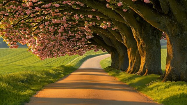 A beautiful road winds through a shaded tunnel of blooming trees - Powered by Adobe