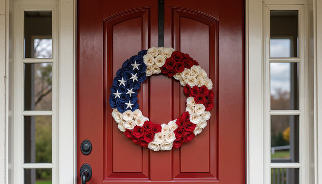 Patriotic wreath decorated with red, white, and blue flowers on door - Powered by Adobe