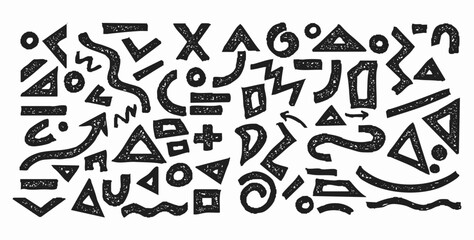 Hand Drawn Grunge Geometric Shapes and Arrows, Abstract Pattern and Background Vector Set