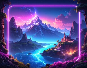 Fantasy Landscape Mountains with Lightning, and Castle.
