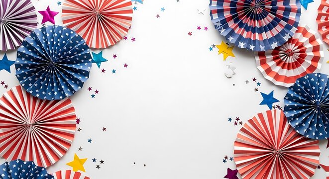 Festive patriotic paper rosettes and star confetti border on white background