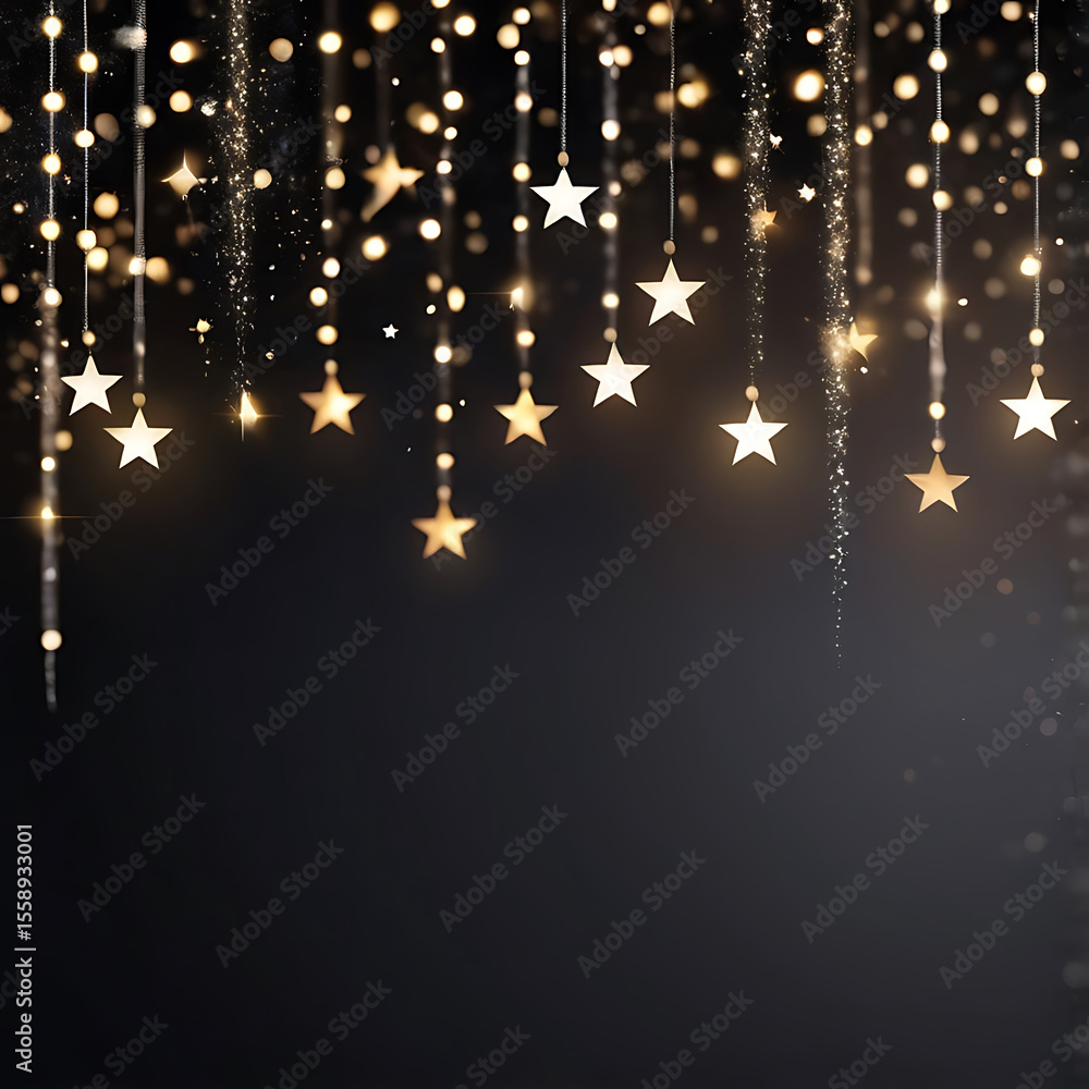 Poster black and gold glowing string lights with sparkling bokeh on dark elegant background, perfect for fe