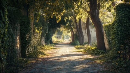 Path of Serenity: Sun-dappled path leading through a verdant tunnel of trees, inviting exploration and evoking a sense of peace and tranquility.