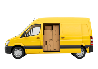 Yellow delivery van loaded with cardboard boxes