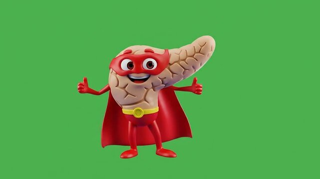 animated pancreas superhero character showing thumbs up gesture on green background.