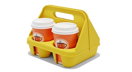 Two cheerful coffee cups in a bright yellow carrier on a white background