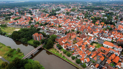 Aerial view of the old town of the city Verden, 27283 in Germany on an overcast morning