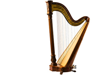 Beautifully carved wooden harp with golden strings isolated on transparent background