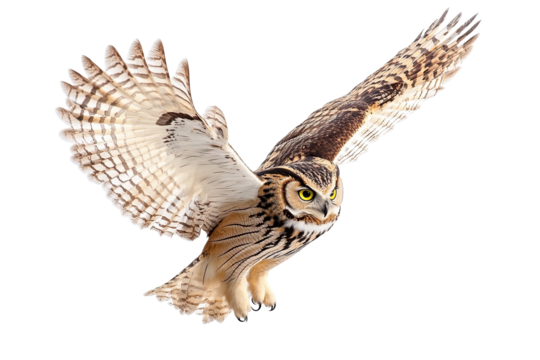 Eagle owl in flight with open wings looking straight ahead isolated on white transparent background