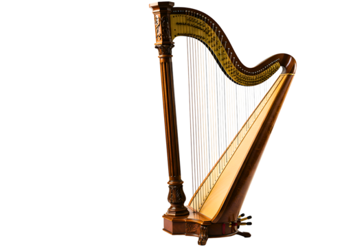 Beautifully carved wooden harp with golden strings isolated on transparent background