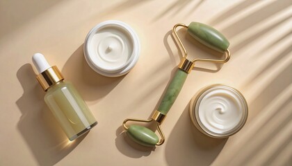 Obraz premium Overhead view of a skincare flat lay- glass dropper bottle, moisturizer jar, and jade.