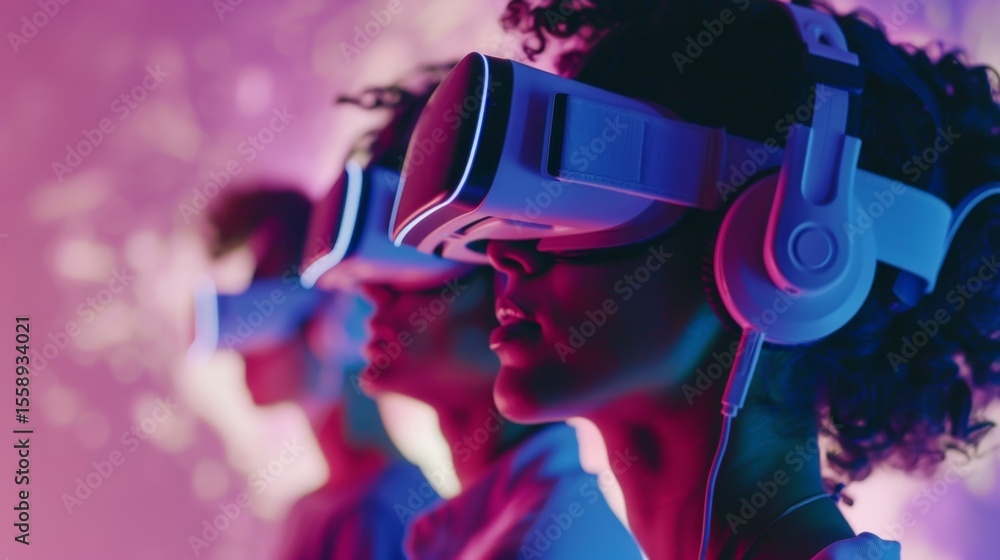 Poster a group of people wearing virtual reality headsets interacting with their digital twins in a blockch