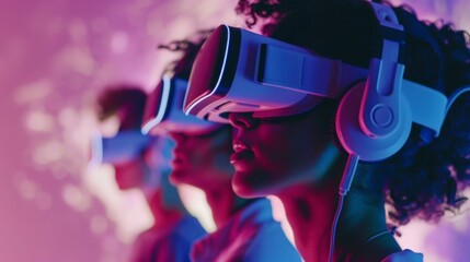 A group of people wearing virtual reality headsets interacting with their digital twins in a blockchainbased social media platform creating a unique and personalized online experience.