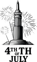 Obraz premium A majestic tower silhouetted against a vibrant Fourth of July fireworks display.