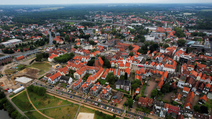 Aerial view of the old town of the city Verden, 27283 in Germany on an overcast morning