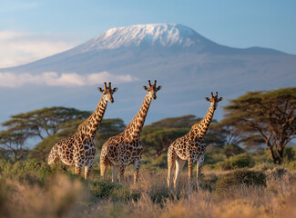 Fototapeta na wymiar A group of giraffes in the African savanna with Mount Kilimanjaro carved into their fur