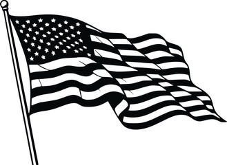 Black and white illustration of the American flag waving in the wind, showing stars and stripes.