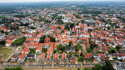 Aerial view of the old town of the city Verden, 27283 in Germany on an overcast morning