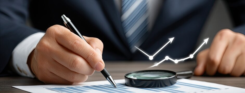 Businessman examines growth graph with magnifying glass in professional setting for financial data analysis