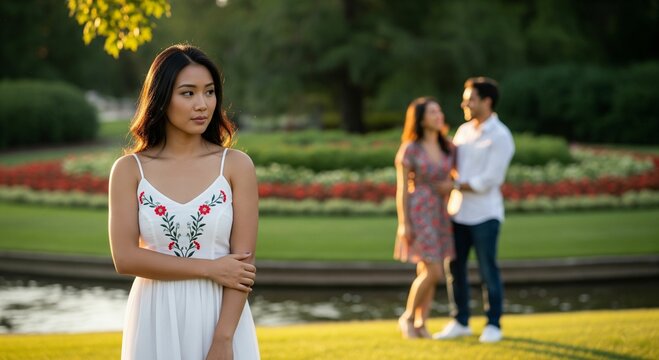A young woman is feeling jealous seeing a romantic couple in the park
