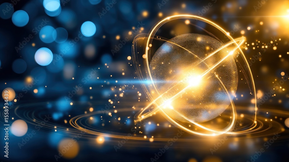 Aufkleber golden atom structure with glowing orbits and blue bokeh background