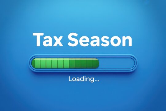 Tax season message with a green loading bar on a blue background indicating progress status
