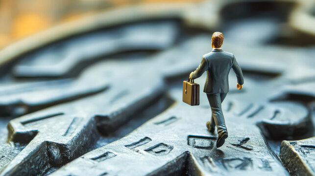 Man in a suit is walking down a path with a briefcase