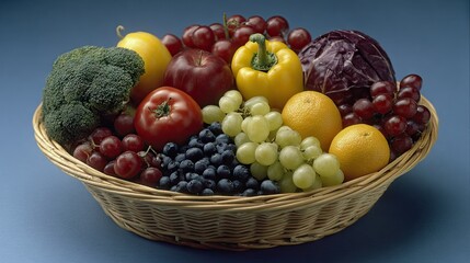 Freshly harvested vegetables and fruits arranged beautifully in a wicker basket against a vibrant backdrop