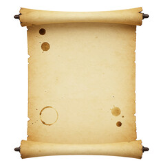 old manuscript parchment scroll for pirate or fantasy themes isolated on white background
