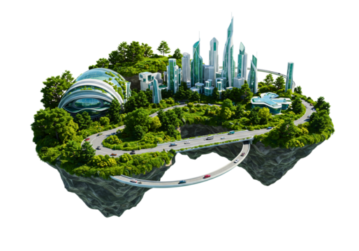Futuristic eco friendly city on a floating island with lush greenery and modern architecture isolated on transparent background