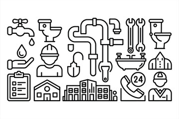 Plumbing service icons collection with tools and professionals silhouette
