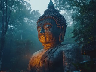 Serene Buddha Statue Surrounded by Misty Forest Landscape at Dusk