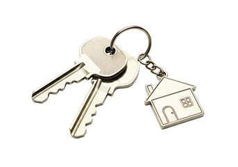 Two silver keys with a golden house keychain isolated on transparent background