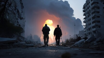 Ruined Urban Street With Armed Soldiers