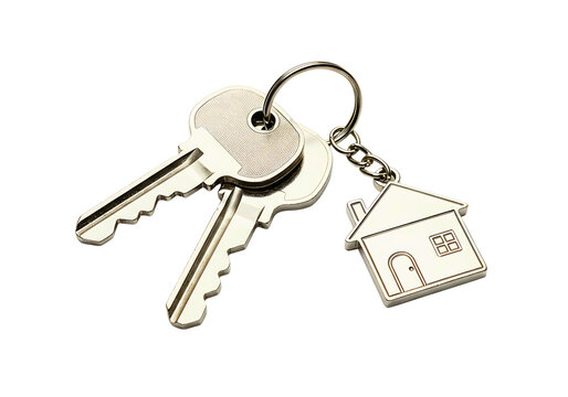 Two silver keys with a golden house keychain isolated on transparent background