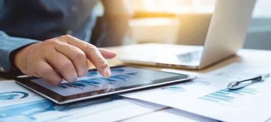 The tablet displaying business analytics in a modern office workspace setting.
