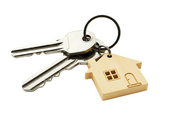 Two silver keys with a golden house keychain isolated on transparent background