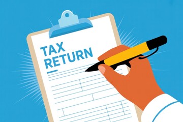 A hand holding a pen filling out a tax return form on a clipboard against a blue background