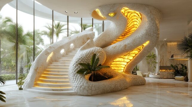 Luxurious, serpentine staircase crafted from luminous white stone, backlit with warm gold, nestled within a modern, tropical-themed interior