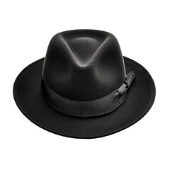 A stylish black fedora hat with a black ribbon sits on a black background