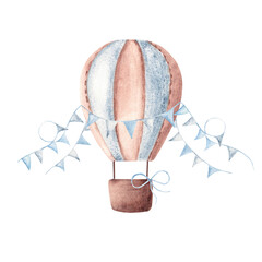 Watercolor Hot Air Balloon with blue pennants. Hand drawn baby boy illustration in pastel colors isolated on white background. Vintage style. For kids goods, cards and posters. Baby shower and