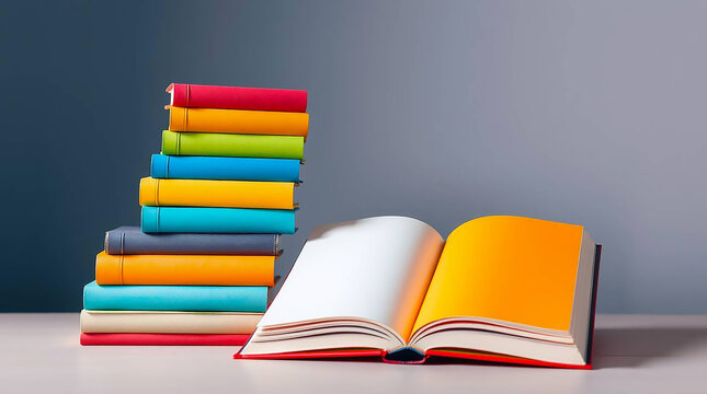 Ai generated image of a colorful stack of books and an open book with an orange page are arranged on a table against a gray background, inviting exploration