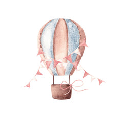 Watercolor Hot Air Balloon with pink pennants. Hand drawn baby girl illustration in pastel colors isolated on white background. Boho style. For kids goods, cards and posters. Baby shower and birthday