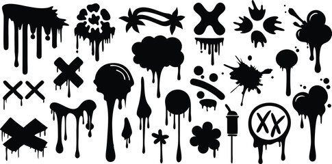 Collection of paint drips splatters graffiti shapes on a background various handdrawn elements