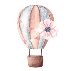 Watercolor illustration of Hot Air Balloon with pink pennants and anemone flower. Hand drawn baby girl illustration in pastel colors isolated on white background in eco style. For kids goods, cards