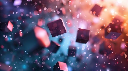 An abstract representation of a blockchain loyalty program with blocks of rewards floating in the air emphasizing the decentralized and secure nature of the system.